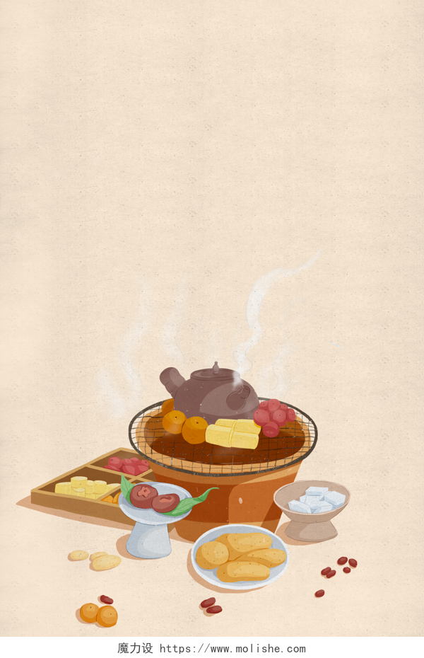 秋日围炉煮茶干果坚果水果插画素材氛围感背景壁纸